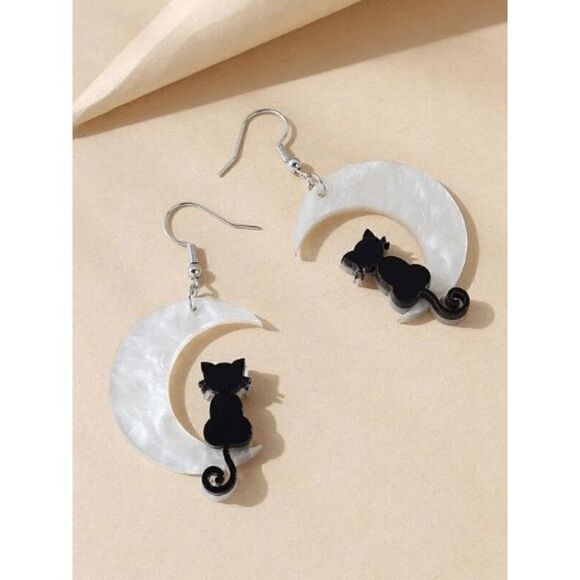 MOON AND CAT DANGLE EARRINGS - Picture 3 of 3